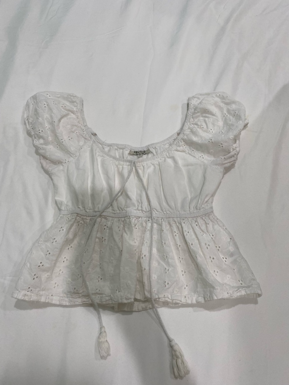 Speed Limit White Eyelet Puff Sleeve Peplum Top Babydoll Top